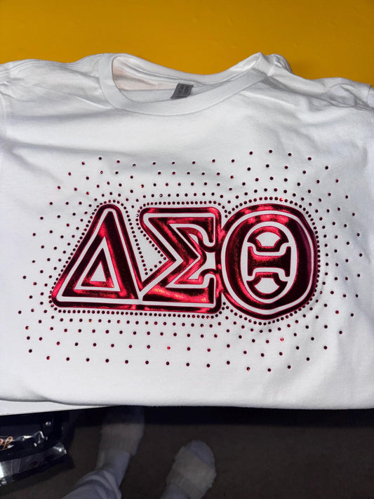Delta Sigma Theta- Rhinestone scatter tee  Check Size Chart Please
